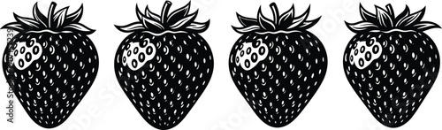 Stylized silhouette illustration of strawberries with varied leaf patterns, seeds, and texture highlights for food, design, and branding