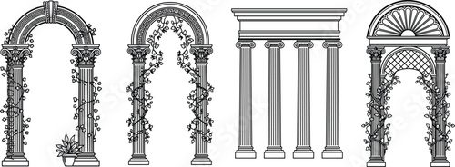 Silhouettes of classical architectural gateways and colonnade with Corinthian columns, arches, decorative motifs, and ornate garden-inspired design