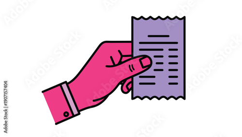 Pink hand holding a purple paper receipt illustrating retail purchase and financial transactions in a colorful and bold graphic art style.