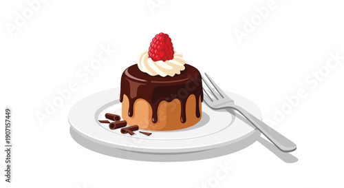 A small chocolate cake, drizzled with glaze and topped with whipped cream and a raspberry, rests on a white plate with a fork.