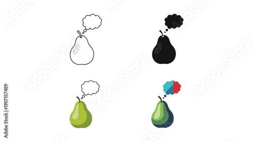 Pear with thought bubble icons in outline, silhouette, and colorful styles for creative ideas and food.