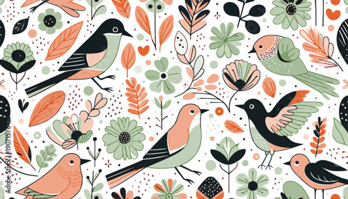 bird and blooming floral seamless vector pattern background