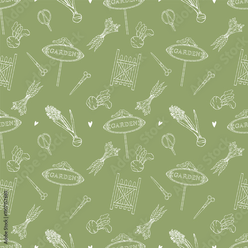 Seamless vector pattern with gardening attributes. Spring background of garden elements. Flowers, gardening tools and signs, carrots, and hyacinths on a green background. Vector outline illustration. 