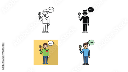 Boy holding lollipop, thinking bubble with dots, vector illustration for sweet thoughts or choices