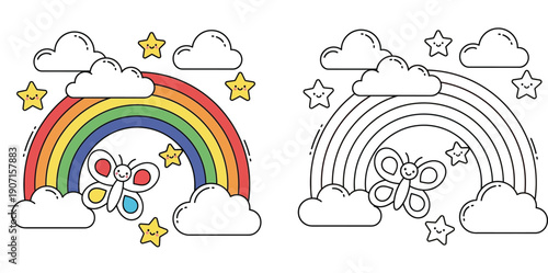 Cute rainbow and butterfly with clouds and stars cartoon for kids coloring book page with colored and outline vector illustration.