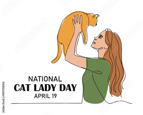 Single continuous line drawing a woman lifts and carries a cat. Inviting the pet to joke around. Funny behavior. Cat lover. Adorable. Cute. National Cat Lady Day. One line design vector illustration