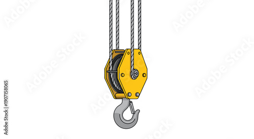 A yellow block and tackle pulley system with multiple ropes and a sturdy grey hook hangs vertically against a clean white background.