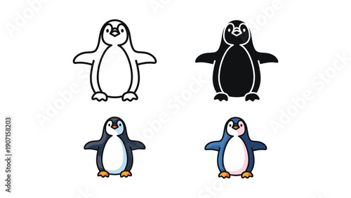 Minimalist penguin icons in outline, silhouette, and two color styles for simple and modern designs.