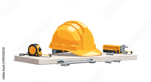 A yellow hard hat, a tape measure, various wrenches, and several screws are organized on a wooden plank, isolated on a white background.