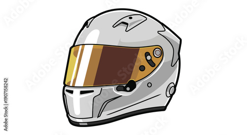 A modern grey motorcycle helmet with a shimmering golden reflective visor is isolated on a clean white background, showcasing its sleek design.