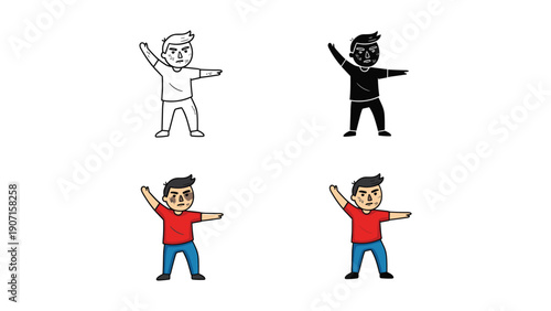 Boy with black eye illustration set: outline, silhouette, and color, depicting a bruised character for story or concept use.