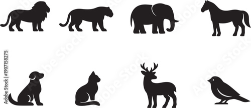 Photography Minimalist Black Animal Silhouettes Vector Collection: Lion, Tiger, Elephant, Horse, Dog, Cat, Deer, and Bird Icons for Wildlife Logos, UI Design, and Graphics