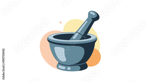 Blue mortar and pestle set for grinding herbs and spices placed against soft abstract background shapes for culinary and pharmacy uses.