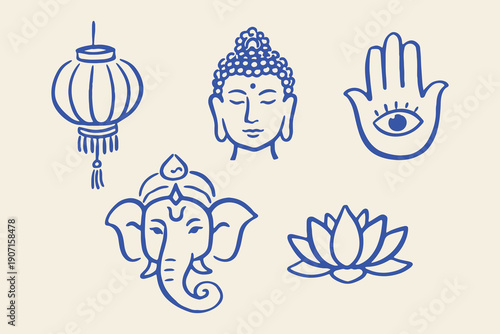 Buddha lantern hamsa elephant lotus doodle vector illustration