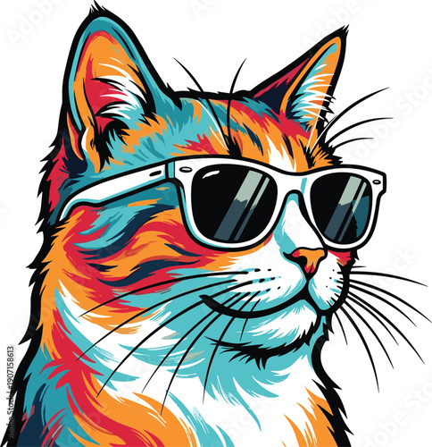 Colorful pop art illustration of a cool cat wearing white sunglasses isolated on white background, feline portrait, pet fashion art,