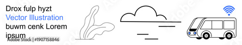 Sustainable transport, eco-travel, smart cities, clean energy, mobility solutions, eco-friendly commuting. A stylized electric bus with wireless, abstract cloud and leaf shapes. Eco-travel