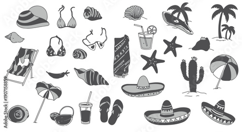 Summer vacation beach essentials and tropical party items collection, hand-drawn illustration