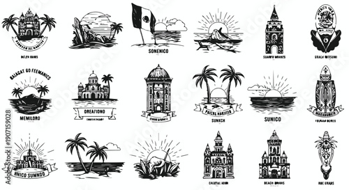 Hand-drawn collection of vintage travel badges and emblems showcasing iconic global landmarks, historic architecture, and scenic vacation destinations in a monochrome style