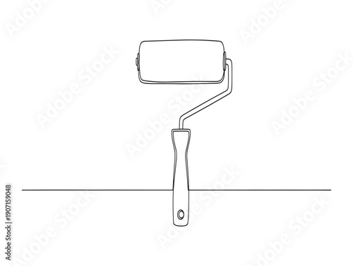A line drawing of a paint roller extension pole with a rectangular roller head