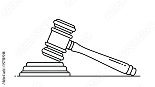 Judge's wooden gavel and sound block shown in a clean line art style representing legal authority and court proceedings and justice systems.
