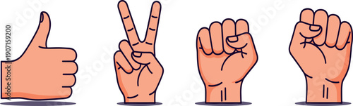 Vector illustration set of human hand gestures including thumbs up, victory sign, and clenched power fists.