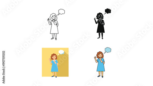 Woman thinking with a thought bubble, presented in various artistic styles including outline and silhouette.