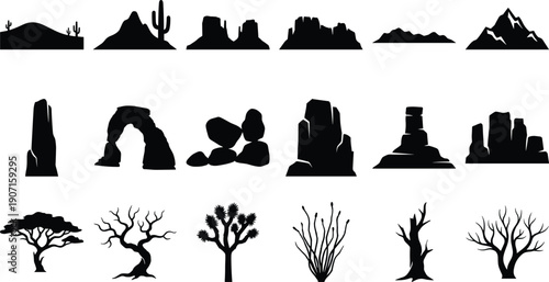 Desert landscape silhouette set featuring mountains mesas cacti dry trees and rock formations isolated on white background for western wild nature designs