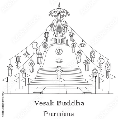 Simple line drawing of a Buddhist stupa decorated with Vesak lanterns and flags.