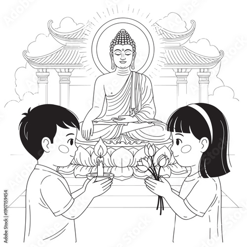Black and white line art of children offering flowers and candles to Buddha on Vesak day.