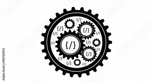 Coding and programming concept with gears and code symbols