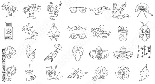 Collection of Summer and Vacation Icons Featuring Tropical Themes, Beach Elements, and Festive Accessories