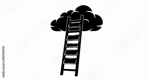 Ladder ascending into a dark cloud against a white background, symbolizing aspiration and mystery.