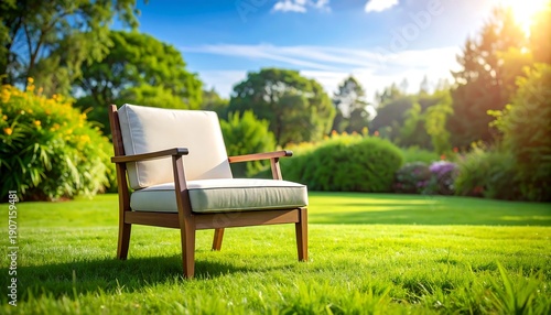 Outdoor shot A light-colored armchair rests on grass with a garden and sun in the background, creating a serene scene