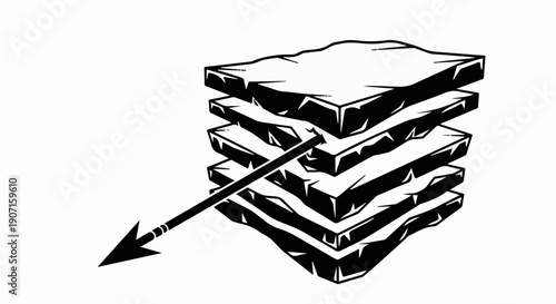 Arrow piercing through stacked layers of material, symbolizing penetration or analysis.