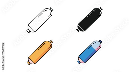 Stylized sausage icons in various formats: outline, silhouette, and colorful representations for food design.