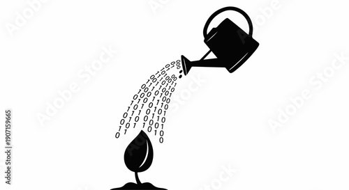 Watering a sprout with binary code, symbolizing data growth and innovation.