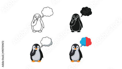 Collection of stylized penguin icons with thought bubbles in various designs for diverse applications.