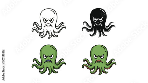 Angry octopus in four styles: outline, black, and two shades of green