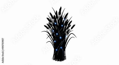 Silhouette of tall grass adorned with delicate blue fairy lights