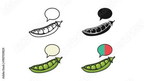 Four icon variations of a fresh pea pod with speech bubbles, symbolizing healthy eating and communication.