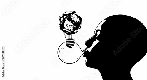 Silhouette of a person blowing a lightbulb bubble, symbolizing creative ideas and imagination.