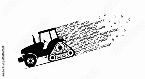 Tractor transforming into digital data stream, representing smart farming and technology integration