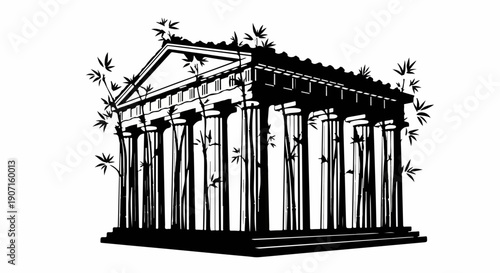 Ancient Greek temple with columns and overgrown foliage, symbolizing history and nature's reclamation.