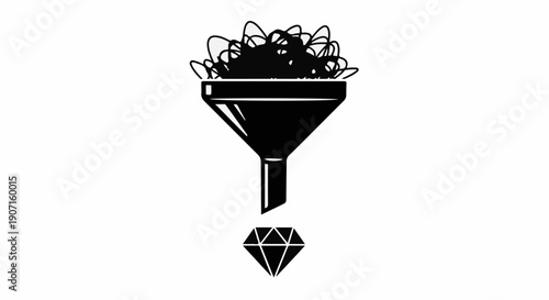 Abstract illustration of a funnel processing chaotic lines into a polished diamond, symbolizing refinement and transformation.