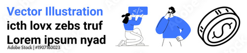 Software development, programming, coding, financial analysis, decision-making, technology concepts. A person near a coding screen and a currency symbol. Software development and financial analysis