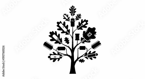 Stylized tree with batteries as leaves, symbolizing energy and sustainability.