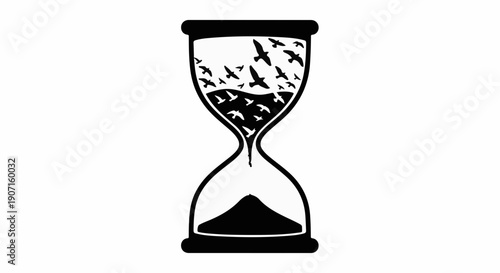 Birds flying out of an hourglass, symbolizing freedom and the passage of time.