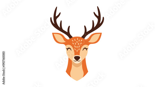 Cute deer head with large antlers and orange spots on forehead against white background as minimalist wildlife illustration.