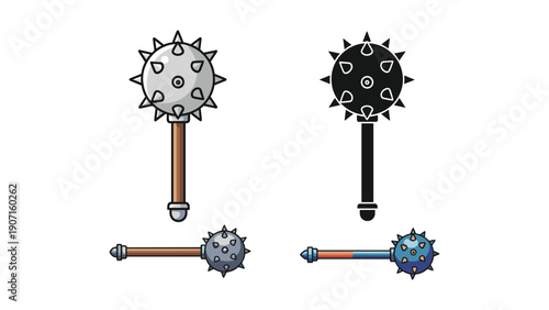 Mace medieval weapon with spikes, vector illustration of ancient combat tool in different styles