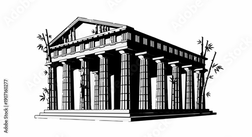 Ancient Greek temple with Doric columns and a triangular pediment against a white background.